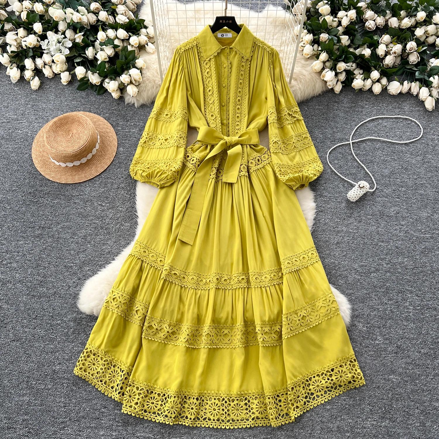 

Вінтажна водолазка Елегантні довгі рукави-ліхтарі Шикарне мереживо внахлест Бандажна сукня, що облягає Французький вечірній одяг для вулиць Осінній одяг One Size жовтий