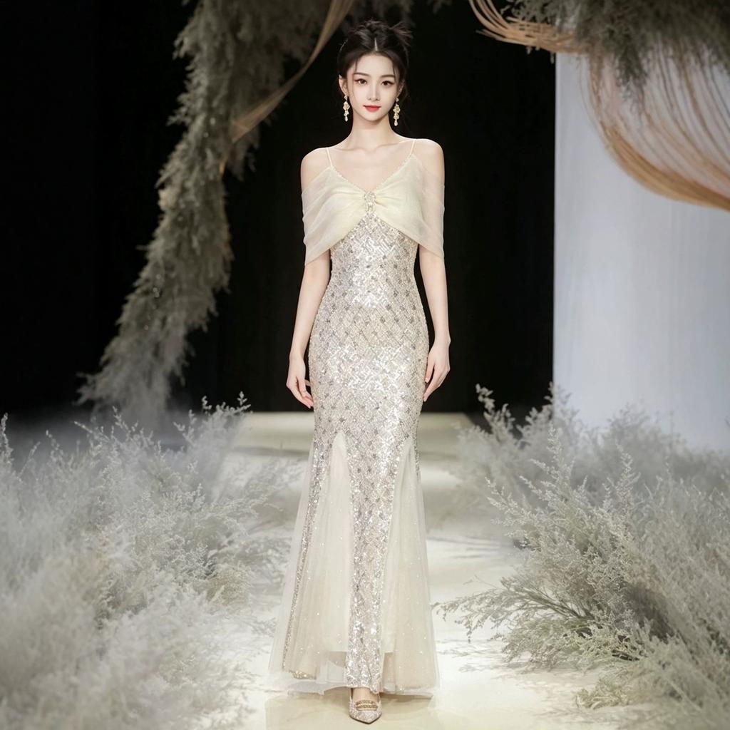 Heavy Industry Evening Dress Suspender New Summer Light Luxury Niche Adult Ceremony Waist Fishtail Sequined Dress Skirt Women