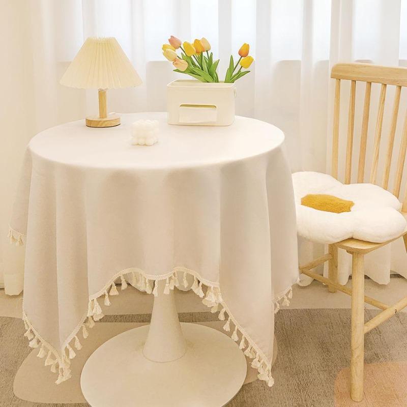 Fringed Linen Tablecloth - Rustic Round Table Cover for Study Desk, Tea Table, Dining & Aesthetic Decor