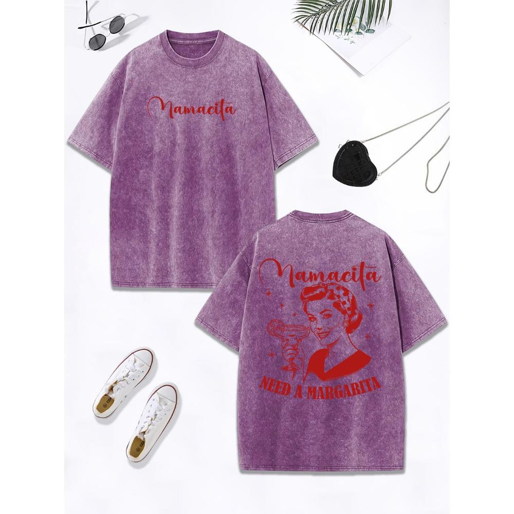 Mamacita Needs A Margarita Lemon Printing Washed T-Shirt Women Cotton Oversize Tops Distressed O-Neck T Shirt Clothes