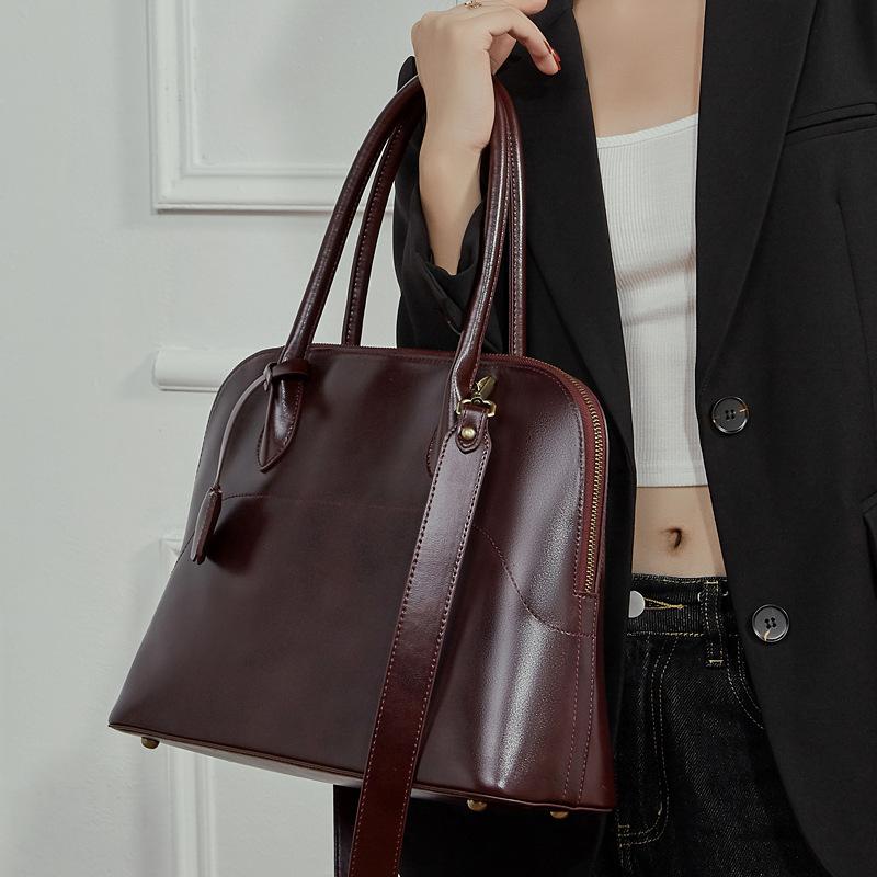 Haute Couture Handmade Top Layer Swift Cowhide Shell Bag Leather Handbag Commuter Large Capacity Bowling Bag Women's Bag