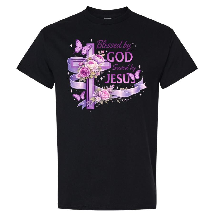 Easter Christian T Shirt Blessed by God Saved by Jesus Purple Cross Floral Tee S