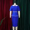 Summer Short Sleeve Dresses Women O Neck Buttons Belt Waist Mid Calf Plus Size Dress