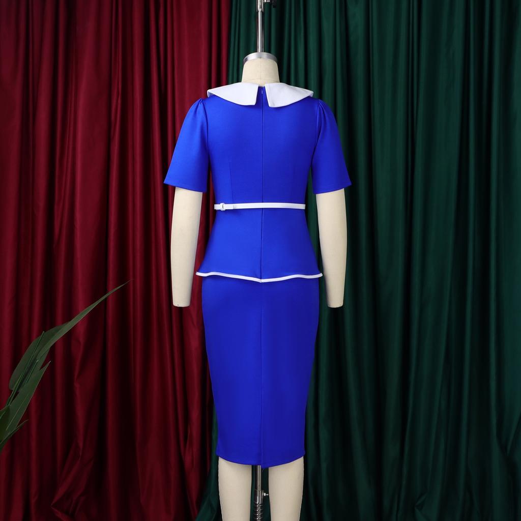 Summer Short Sleeve Dresses Women O Neck Buttons Belt Waist Mid Calf Plus Size Dress