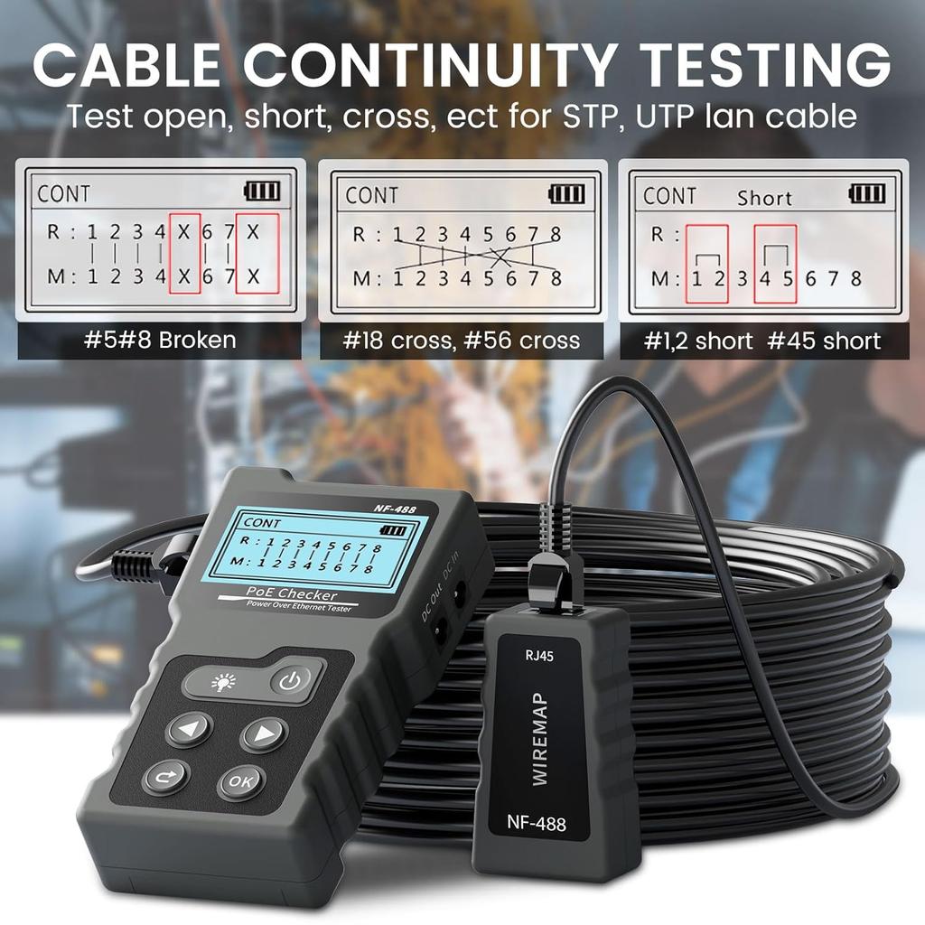 RJ45 Network Cable Tester, VXSCAN Multifunction Poe Ethernet Cable Tester Kit for CAT5e/CAT6/CAT6a, Network Cable Continuity Tester DC Power & Switch