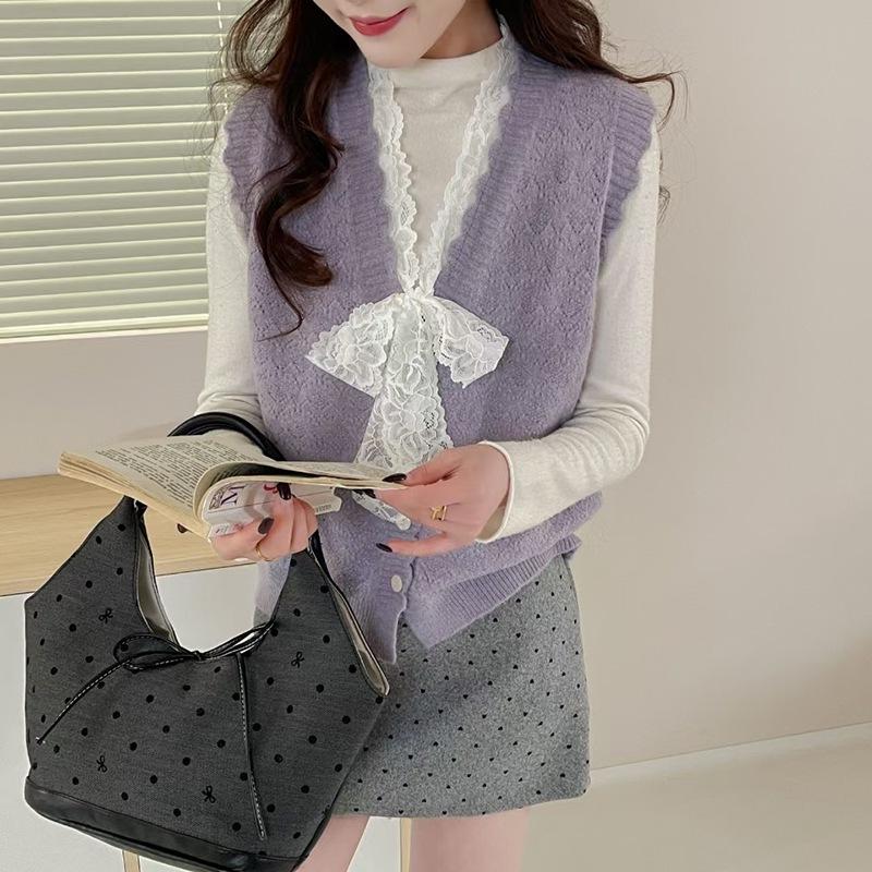 Women's Knitted Vest V-neck Lace Bow Korean Style Spring and Autumn Sweater Vest