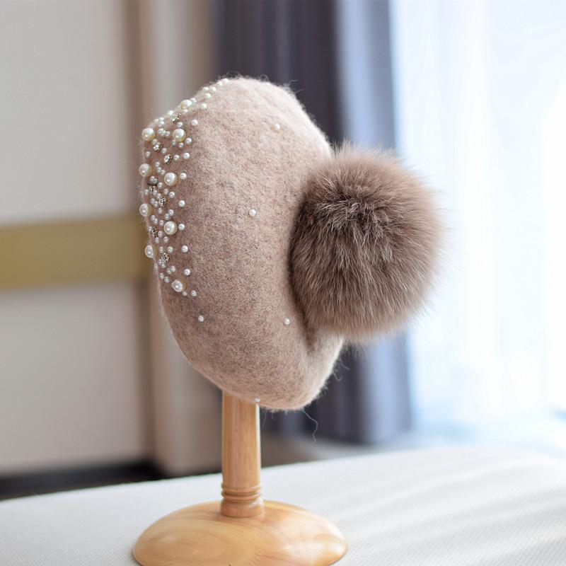 Ladies Fox Fur Ball Wool Beret Cap Fashion Retro Autumn Winter Pearls Detachable Painter Hat Diamond Pumpkin Hat