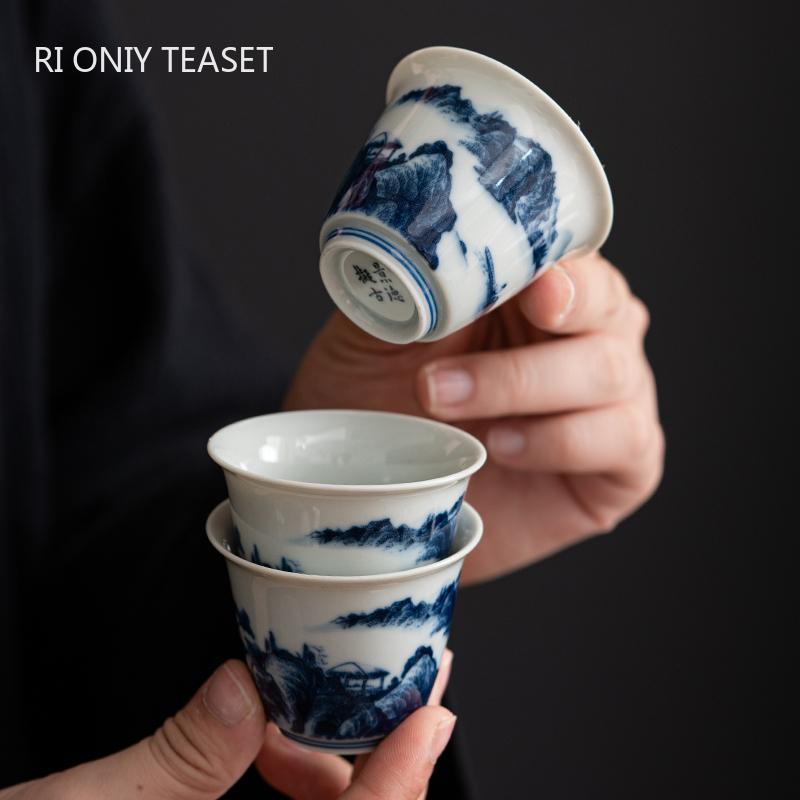 1 Stück Jingdezhen Keramik Teetasse Chinesische Handgefertigte Blau-Weiß Porzellan Teeschale Meistertasse Meditationsbecher Haushalts-Teegeschirr