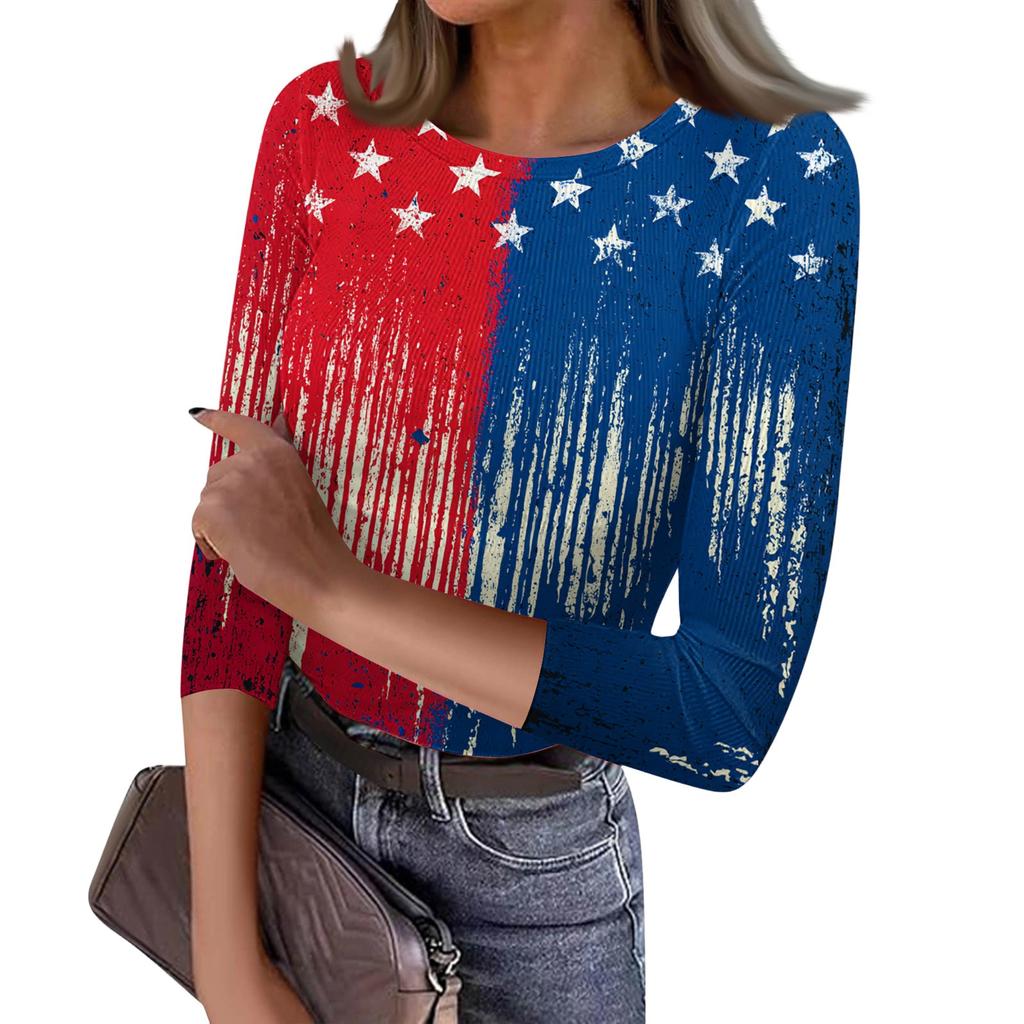 Women's Casual Fashion Round Neck Independence Day Print Three-Quarter Sleeve Ribbed Top
