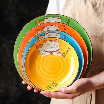 Cartoon Lucky Cat Round Ceramic Plate Multi-size Japanese Creative Multi-color Kitchen Home Handmade Cartoon Dining Plate