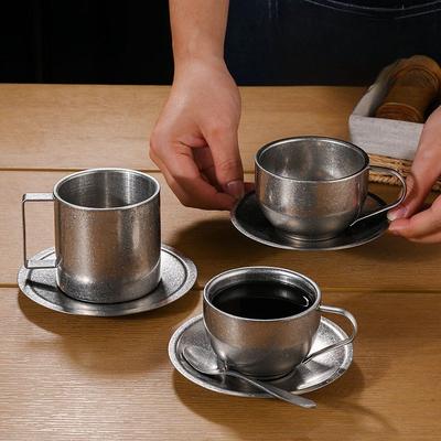 BR304 Stainless Steel Coffee Cup Retro Double-layer Heat-resistant Mug Silver Coffee Cup Afternoon Tea Cups and Saucer Set TeacupEY