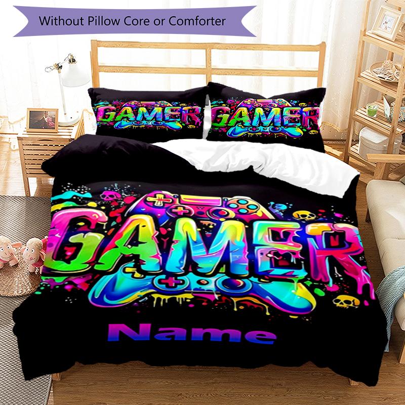 3pcs Custom Name Game Controller Bedding Set Duvet Cover Closure Includes 1 Duvet Cover & 2 Pillowcases, Soft and Comfortable for All Seasons.