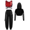 Kids Girls Street Dance Outfit 3Pcs: Sequins Criss-cross Waist Vest & Metal Chain Pocket Pants with Sheer Mesh Long Sleeve Hoodie for Performance