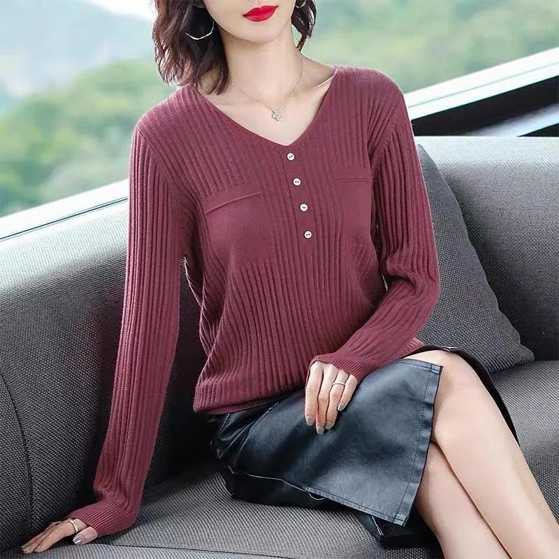 Spring Autumn Women Korean Fashion Elegant Simple Solid Basic Knitwears Female Casual V Neck Long Sleeve Slim Pullover Tops