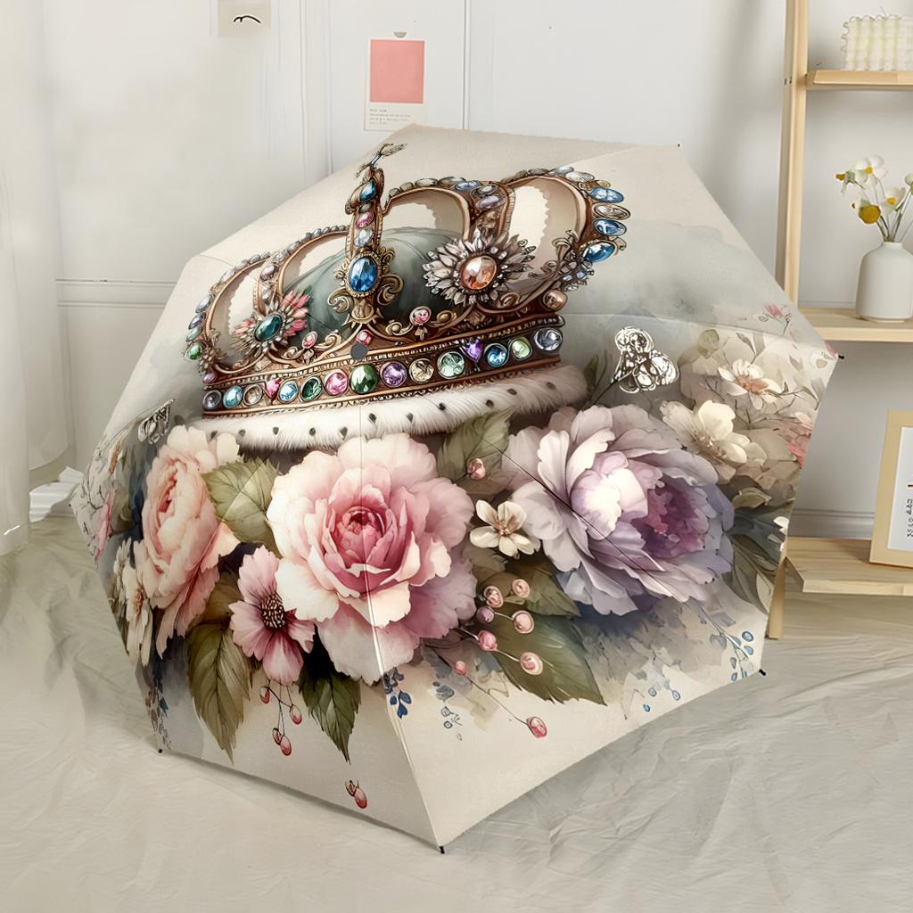 Queen Crown Roses Stars Automatic Umbrella Compact 8 Rib Design Foldable Design Travel Essential Fashionable Accessory