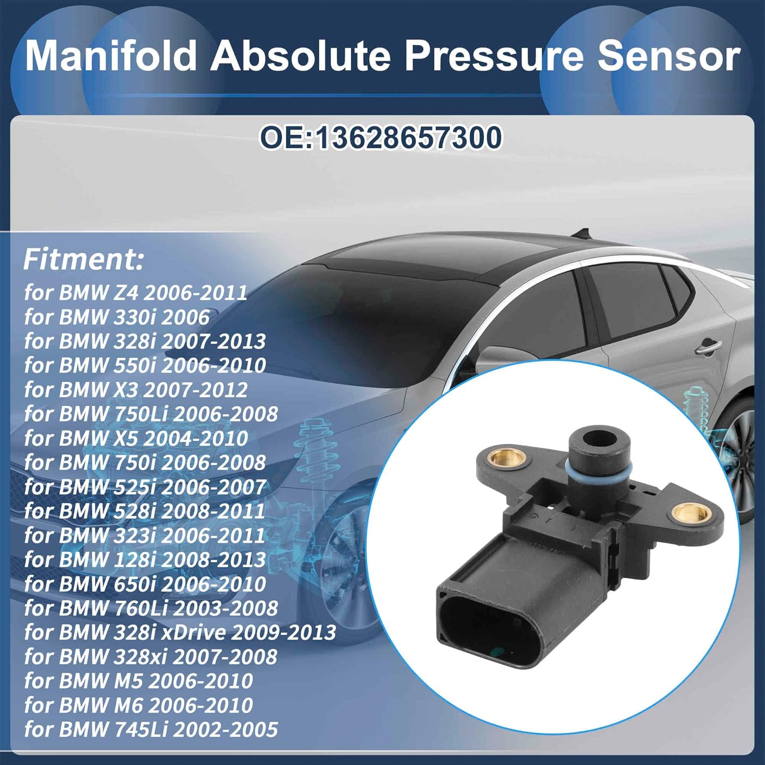 

Air Intake MAP Pressure Sensor for BMW Z4 330i 328i 550i X3 750Li X5 750i Manifold Absolute Pressure MAP Sensor No.13628657300 Black 1 Pcs