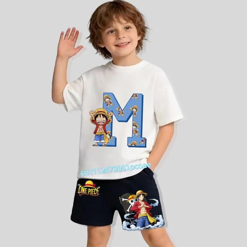 One Piece Alphabet AZ Childrens Pure Cotton ShortSleeved Shorts for Boys Sports Shirt with Cartoon Print Summer TShirt Set 100