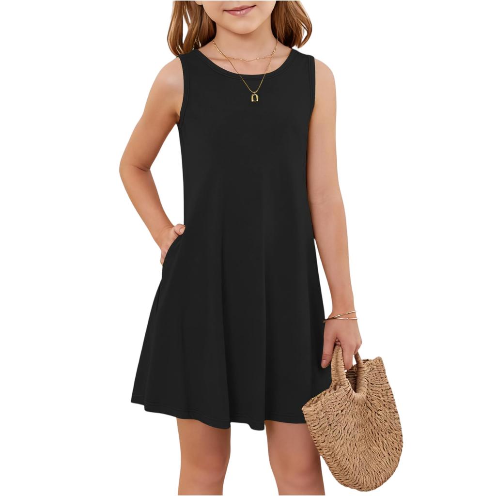 Girl Summer Dress Sleeveless Printed Color Casual Dress With Pocket