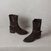 Krazing Pot Cow Suede Nubuck Winter Round Toe Modern Boots Med Heels Slip on Metal Rivets Women Mid-calf Boots