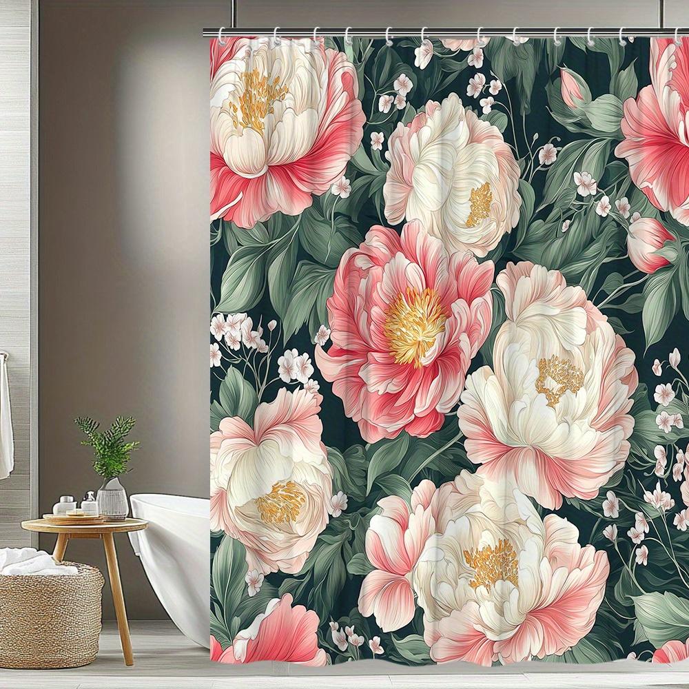 1pc Floral Shower Curtain, Elegant Peony Chinese Pattern Bath Partition Hanging Fabric for Bathroom Decor, Polyester Material