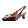 French square head high heels stiletto new summer empty single shoes medium heel patent leather red word with bag head sandals