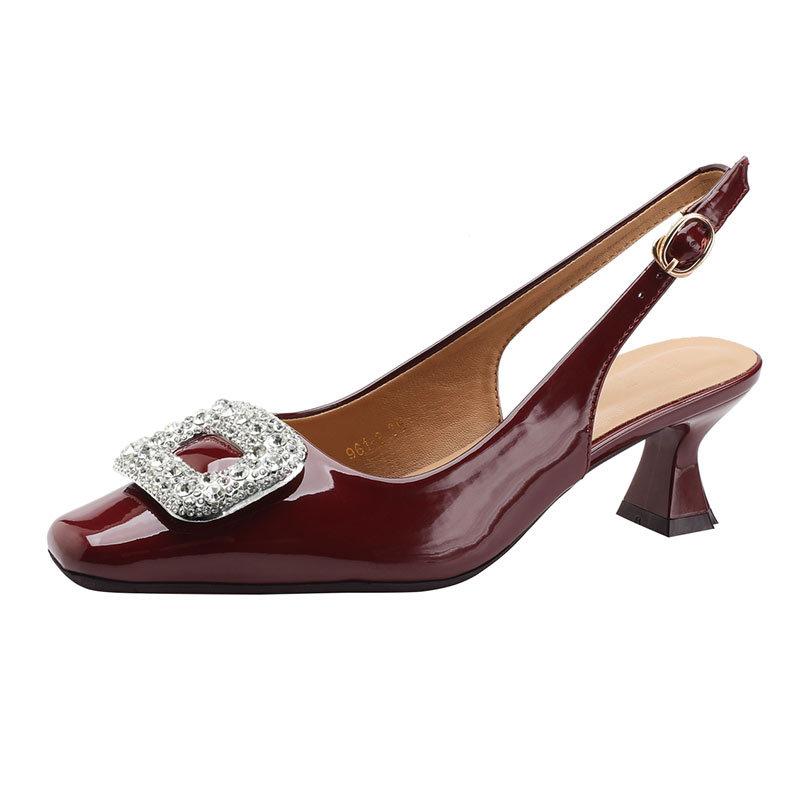 French Square Head High Heels Stiletto New Summer Empty Single Shoes Medium Heel Patent Leather Red Word with Bag Head Sandals