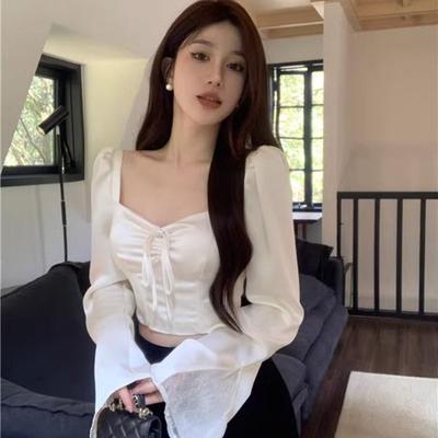 Square Collar Satin Flared Sleeve Stitching Lace Long-sleeved Shirt Women's Spring and Summer High-end Slim Short Sexy Top