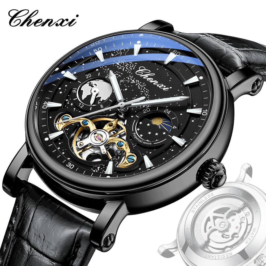 Dawn Star River Moon Phase Skeleton Tourbillon Men's Automatic Luminous Leather Strap Watch