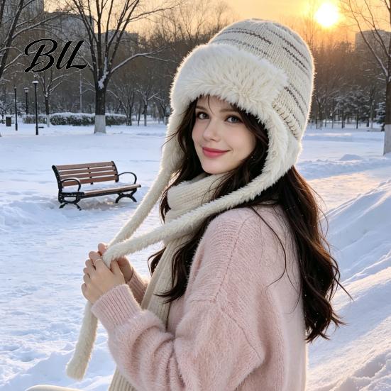 Winter Outing Accessories Women Trapper Hat, Wool Blend Knitted Hat with Ear Flaps, Fuzzy Trim, Warm Knit for Cold Weather Hiking Skiing Outdoor Caps