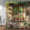 Stone Brick Wall Shower Curtainfor Bathroom,Vintage Green Leaves Floral Plant Decor Bath Curtain,Rustic Farmhouse Shower Curtain