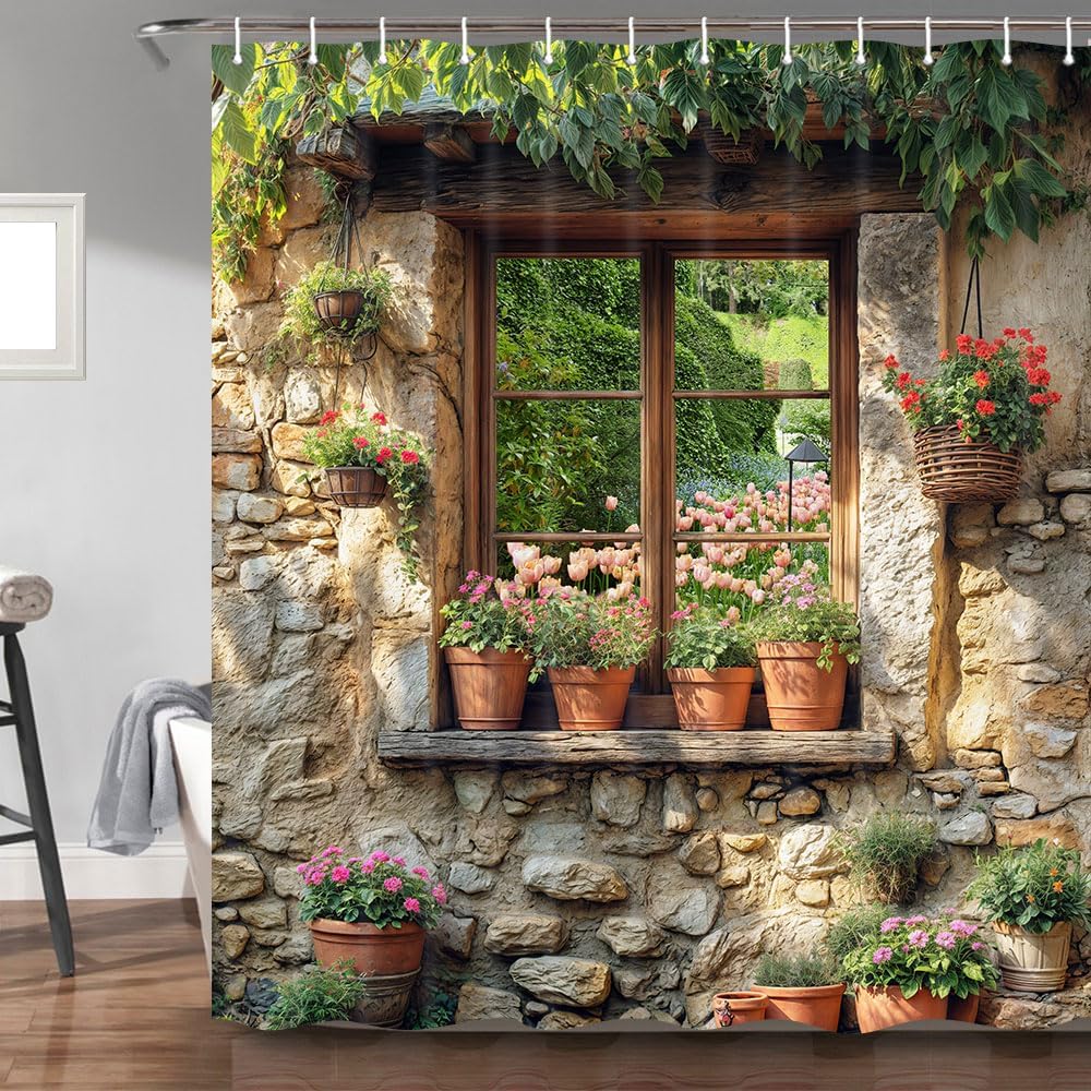 Stone Brick Wall Shower Curtainfor Bathroom,Vintage Green Leaves Floral Plant Decor Bath Curtain,Rustic Farmhouse Shower Curtain