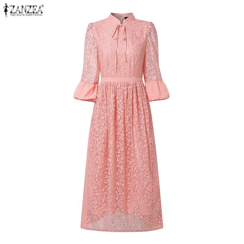 ZANZEA Women Casual Stand Collar Loose Long Sleeve Patchwork Lace Dress