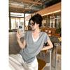 Spring Summer Women Fake Two Piece T Shirt Deep V Neck Contrast Color Snowflake Cotton Casual Slim Fit Short Sleeve Tee Tops