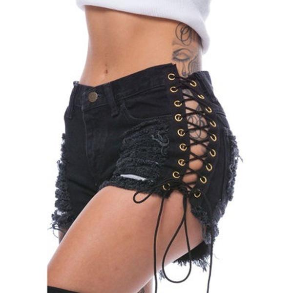 Buy Women's Fashion High Waist Ripped Jeans Side Tied Rope Shorts