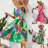 2024 Women's European and American Summer Printed Crinkled Mid-Length Dress with Short Sleeves