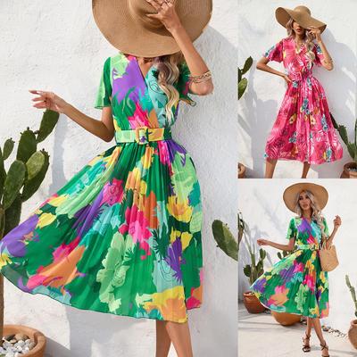 2024 Women's European and American Summer Printed Crinkled Mid-Length Dress with Short Sleeves