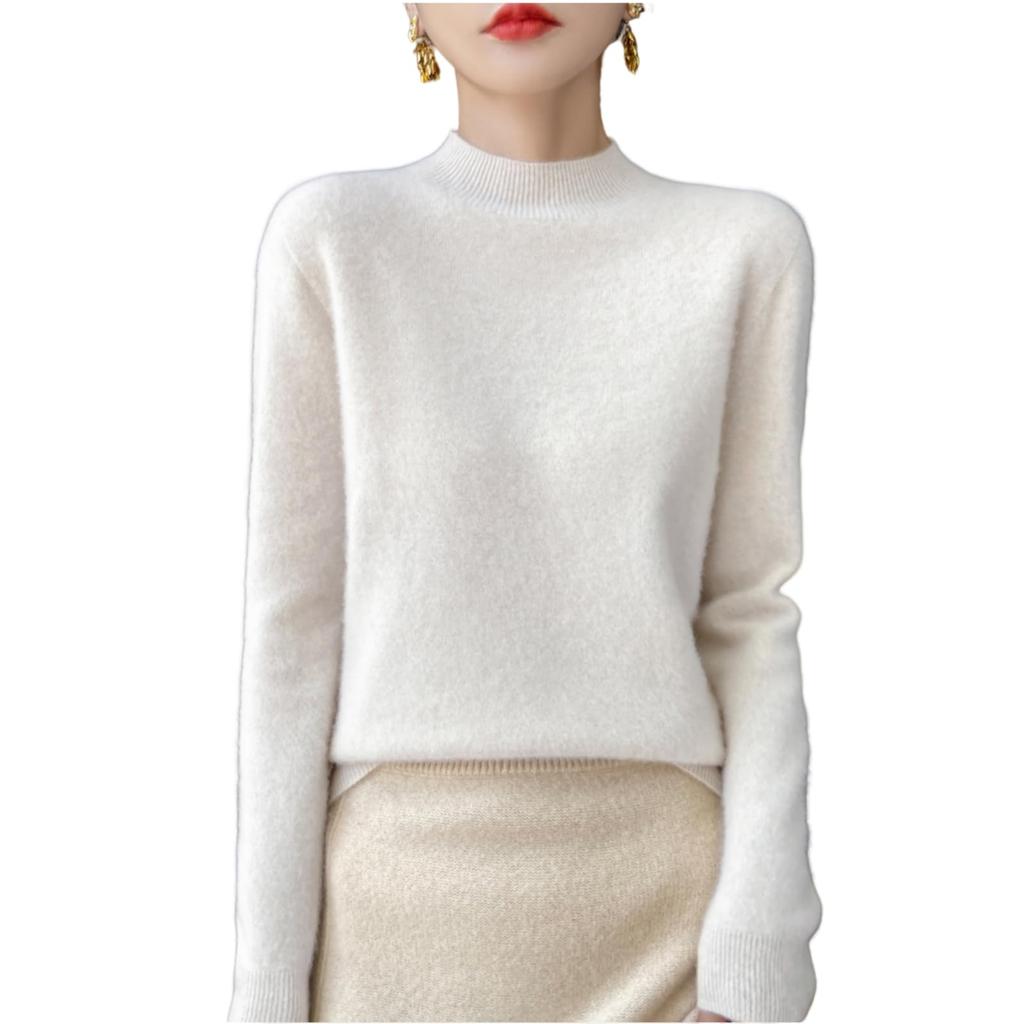 GDenFrog Ribbed Knit High Long Sleeve Cute for White Women's Sweater, 100% Wool, Neck, Pullover, Ribbed, Slimming, Slimming, Winter, Autumn, Spring,