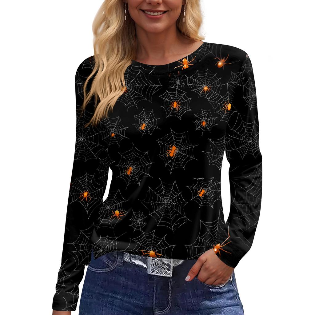 Women's Long Sleeve Round Neck Top with Halloween Print and Side Split Hem