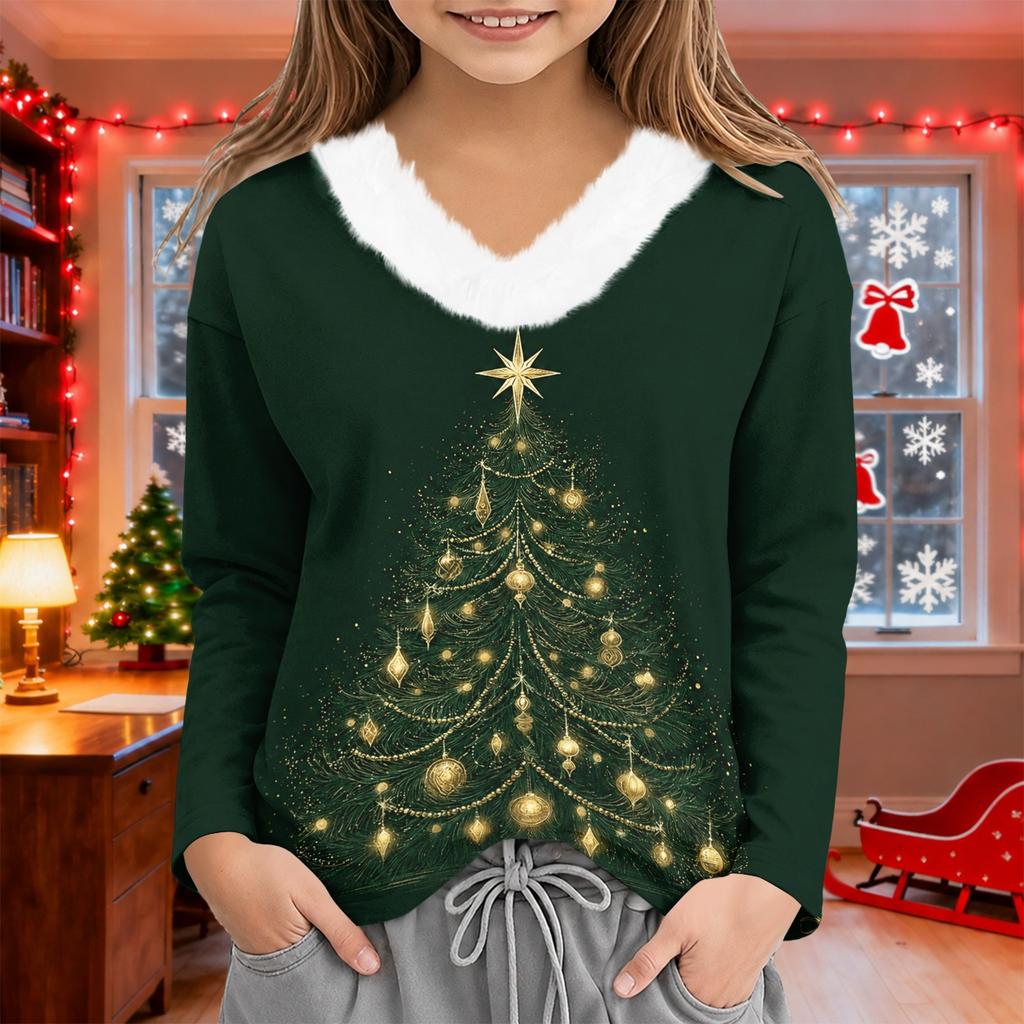 Girls' V-Neck Christmas Print Pullover Top for Winter Casual Wear