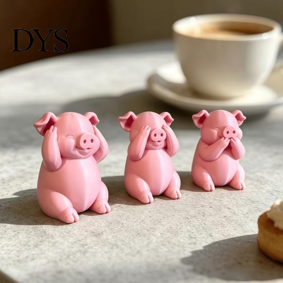 Small Pig Statue for Zen Atmosphere 3 Pcs Cute Mini Figurines, 3D Printed See Hear Speak No Evil Creative Resin Gift Pink Statue, Novelty Cartoon