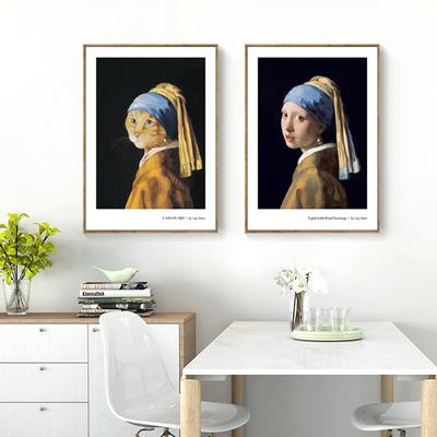 Světoznámý obraz Johannes Vermeer Kreativní dívka a kočka s perlovou náušnicí Klasický vintage plakát Nástěnné umělecké dekorace