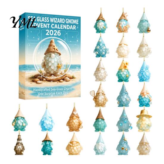 Festival Atmosphere Accessories Coastal Gnome Advent Calendar, 24Pcs Acrylic 2D Sea Glass Ornament Set Halloween Holiday Decoration with Hanging