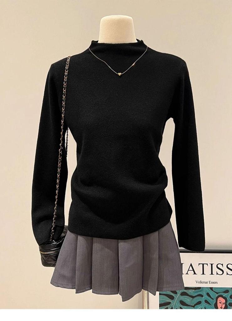 Apricot Slim-Fit Knitted Turtleneck Sweater - Long-Sleeve, Half-High Collar, Pullover for Autumn/Winter