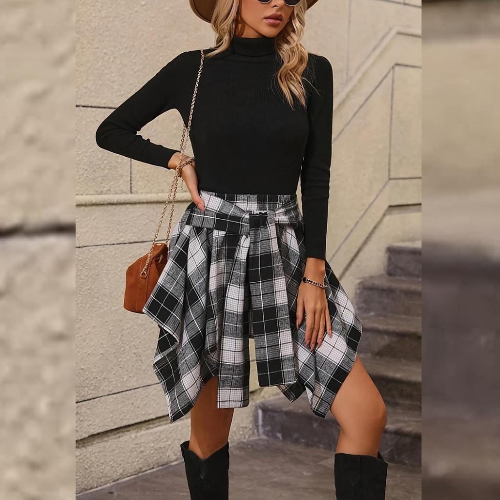 Womens Plaid Skirt High Waisted Asymmetrical Hem Flared Knot Front Casual Fashion Skirt