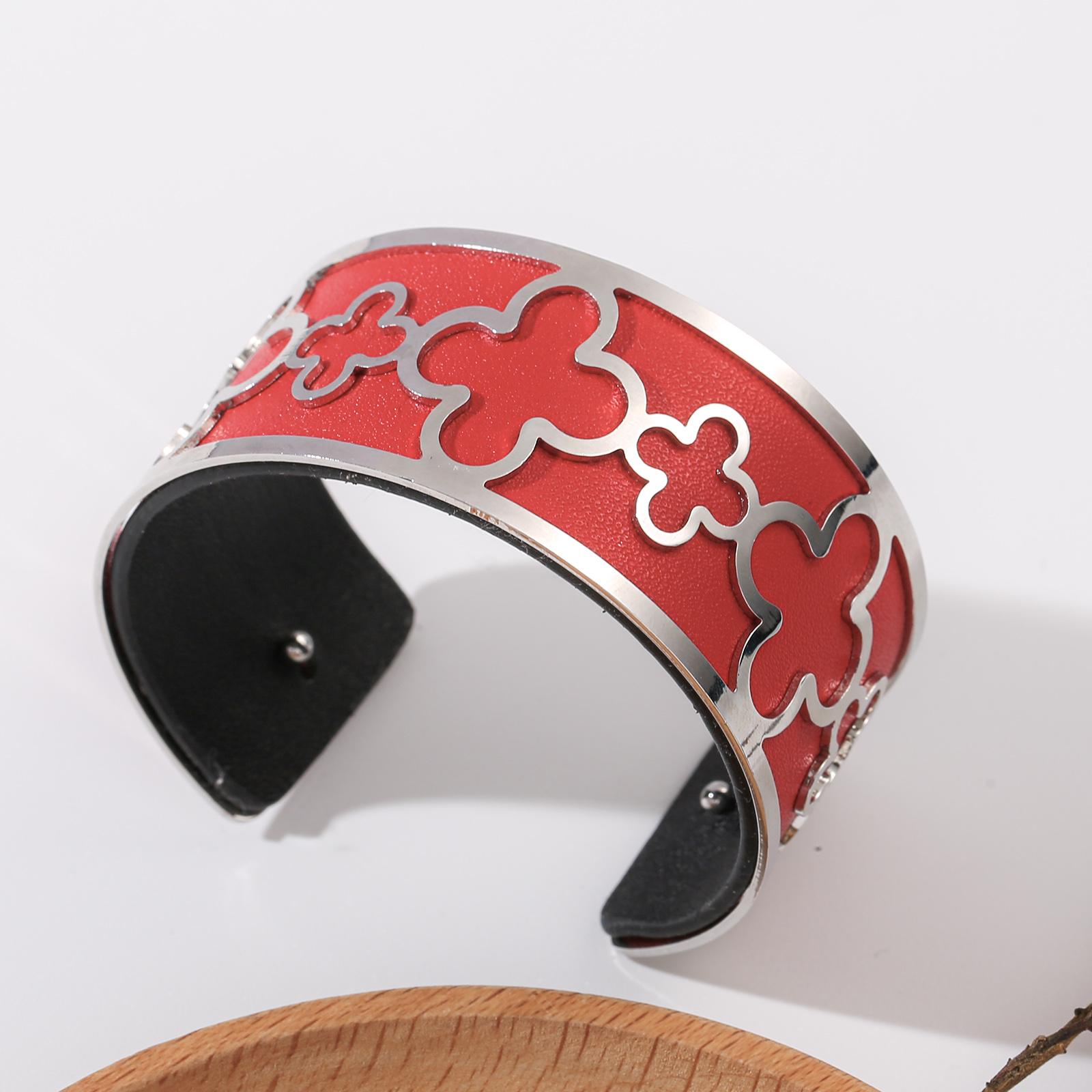 

Women s Open Bangle - Hollow Floral Replaceable Leather Double-Sided Color-Block Accessory