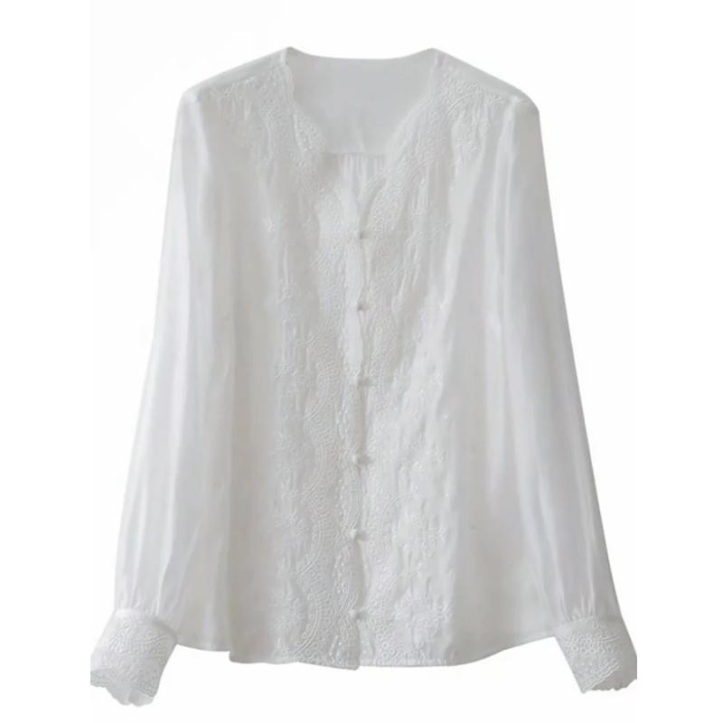 Elegant V Neck Sweet Long Sleeve Women Blouse Embroidery Flower Lace Women's Shirt Fashion Casual Simple Autumn Loose Sunscreen Top 2967