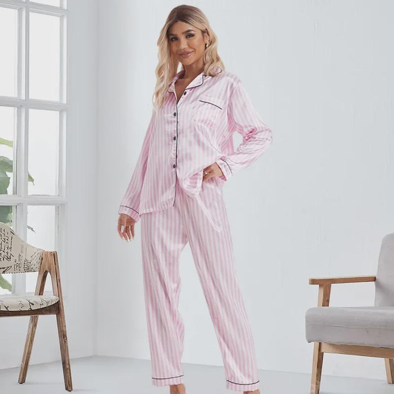 Pigiama a righe da donna: Cardigan a Maniche Corte e Pantaloni Lunghi - Stile Europeo e Americano