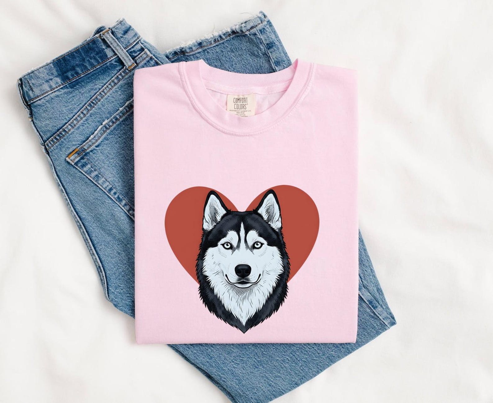 Husky Canine Shirt Dog Wildlife Gift Women Line Art Tee Siberian Husky T-Shirt Dog Fan Husky Drawing Wildlife Graphic Tshirt Classic Heart XL