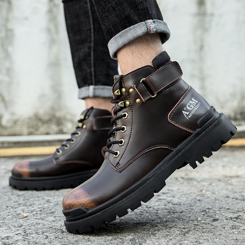 Trend Boots Men's Lace-up Thick-soled Wear-resistant Work Boots Fashion Casual Leather Boots High-top Outdoor Motorcycle Boots