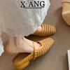 Sheepskin hand-woven hollow bag head Mary Jane slippers women's summer wear with skirt thick heel sandals beach sandals